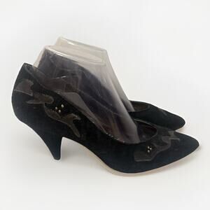 Vintage 80s Heels Hess Black Suede Leather Almond Toe Batwing Scroll Retro Pumps